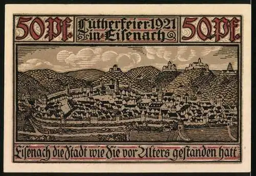 Notgeld Eisenach 1921, 50 Pfennig, Wappen mit Wartburg, Stadtansicht