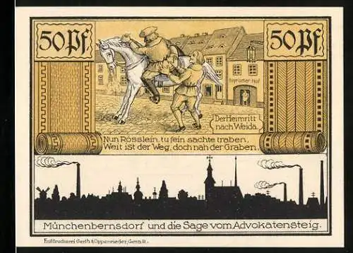 Notgeld Münchenbernsdorf 1921, 50 Pfennig, Der Heimritt nach Weida und der Mönch