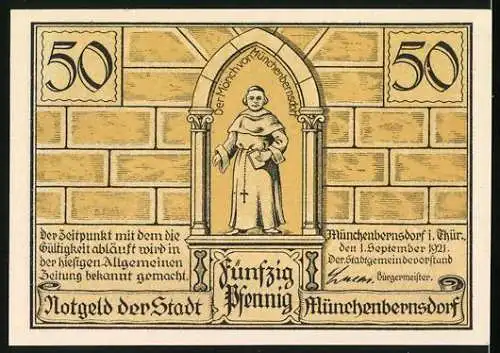 Notgeld Münchenbernsdorf 1921, 50 Pfennig, Der Heimritt nach Weida und der Mönch