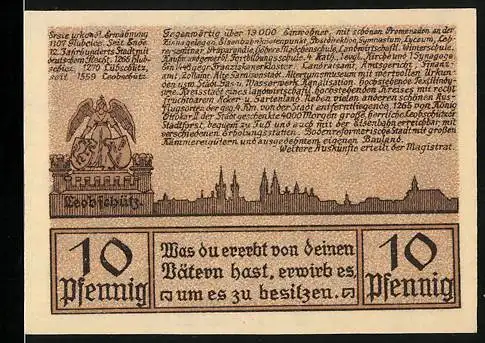 Notgeld Leobschütz 1922, 10 Pfennig, Ortsansicht und Deutsches Haus in deutscher Stadt