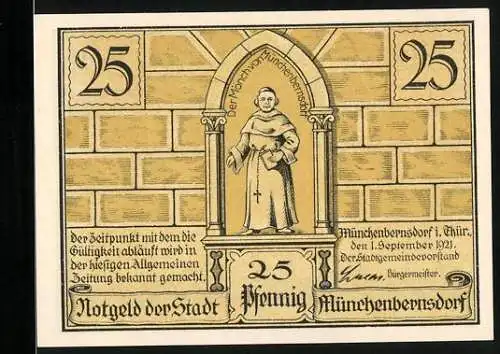 Notgeld Münchenbernsdorf 1921, 25 Pfennig, Der Mönch und Die Kneipe nach der Sitzung