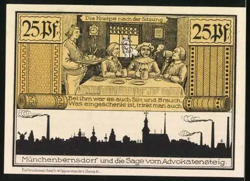 Notgeld Münchenbernsdorf 1921, 25 Pfennig, Der Mönch und Die Kneipe nach der Sitzung