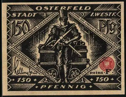 Notgeld Osterfeld i. W. 1921, 150 Pfennig, Bergmann mit Lore voller Kohle und Stadtrechte