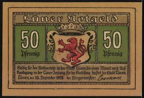 Notgeld Lünen 1918, 50 Pfennig, Rathaus und Wappen