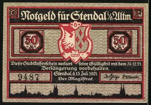 Notgeld Stendal i. d. Altmark 1921, 50 Pfennig, De Werbener geben den Weiten dür und Wappen