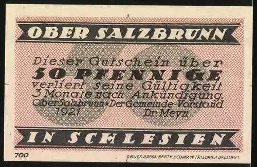 Notgeld Bad Salzbrunn in Schlesien 1921, 50 Pfennig, Feier des 700 jährigen Bestehens