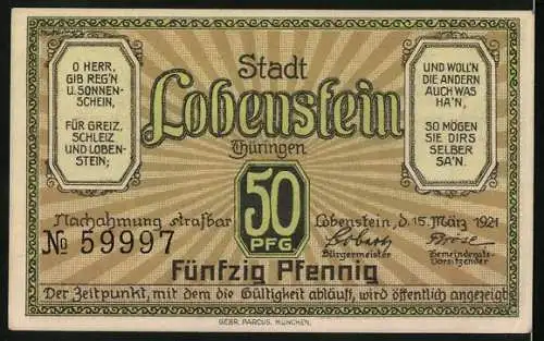 Notgeld Lobenstein /Thüringen 1921, 50 Pfennig, Ortsansicht