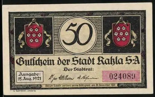 Notgeld Kahla S.-A. 1921, 50 Pfennig, Junge mit Gitarre und musizierende Gruppen