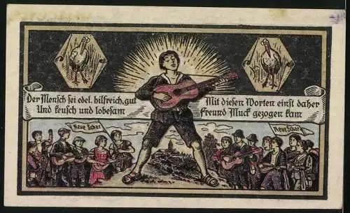 Notgeld Kahla S.-A. 1921, 50 Pfennig, Junge mit Gitarre und musizierende Gruppen