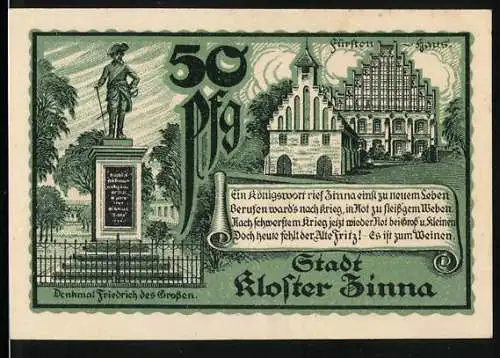 Notgeld Kloster Zinna 1920, 50 Pfennig, Fürstenhaus und Denkmal Friedrich des Grossen, Wappen