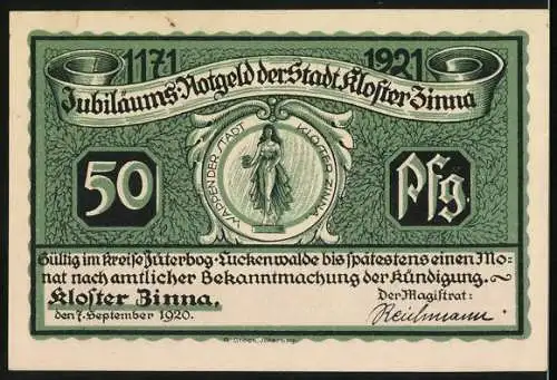 Notgeld Kloster Zinna 1920, 50 Pfennig, Fürstenhaus und Denkmal Friedrich des Grossen, Wappen