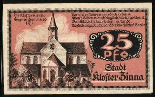 Notgeld Kloster Zinna 1921, 25 Pfennig, Die Klosterkirche und Wappen