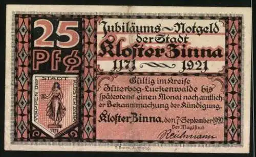 Notgeld Kloster Zinna 1921, 25 Pfennig, Die Klosterkirche und Wappen