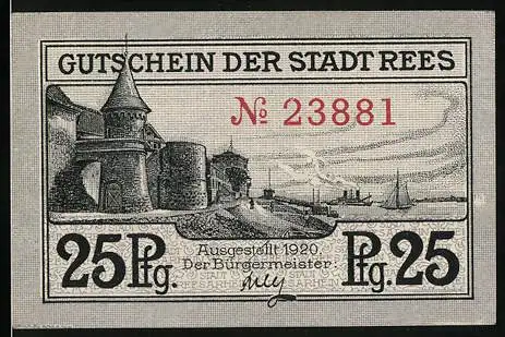 Notgeld Rees 1922, 25 PfennigBlick zur Burg und Ortsansicht mit Wappen