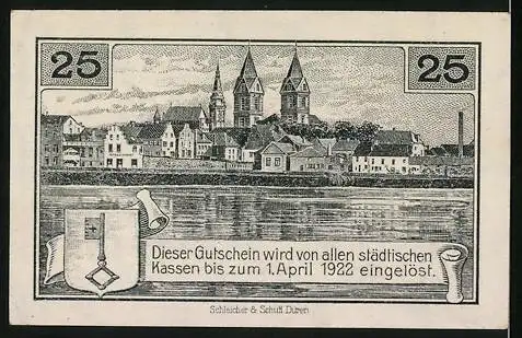 Notgeld Rees 1922, 25 PfennigBlick zur Burg und Ortsansicht mit Wappen