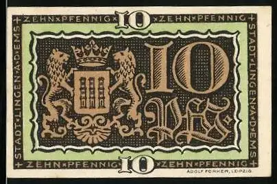 Notgeld Lingen, 10 Pfennig, Wappen und altes Rathaus