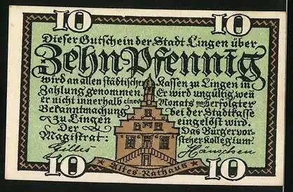 Notgeld Lingen, 10 Pfennig, Wappen und altes Rathaus