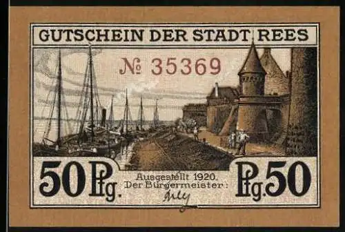 Notgeld Rees am Rhein 1922, 50 Pfennig, Partie am Rhein, Stadt z. Anfang d. vorigen Jahrhunderts