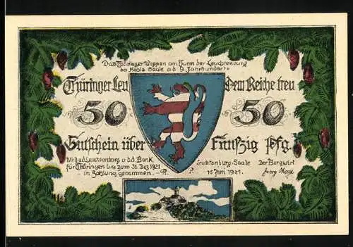 Notgeld Leuchtenburg-Saale 1921, 50 Pfennig, Thüringer Wappen und Schwarzburg