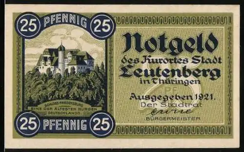 Notgeld Leutenberg in Thüringen 1921, 25 Pfennig, Schloss Friedensburg und Wappen