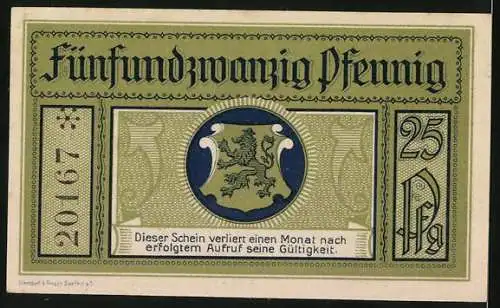 Notgeld Leutenberg in Thüringen 1921, 25 Pfennig, Schloss Friedensburg und Wappen