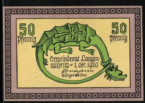 Notgeld Langenaltheim 1920, 50 Pfennig, Fundgebiet des Litographiesteines und zahlreicher Petrefakten