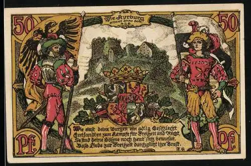 Notgeld Kirn a. d. Nahe 1920, 50 Pfennig, Die Kyrburg mit Wappen und Altes Rathaus mit Wappen