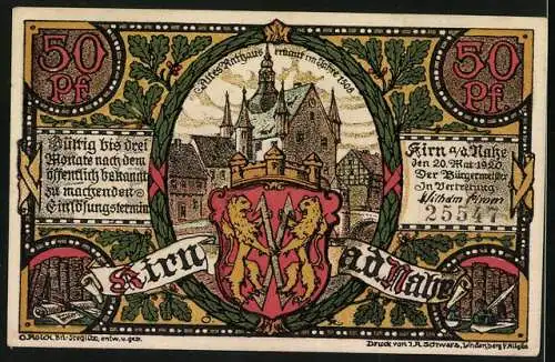 Notgeld Kirn a. d. Nahe 1920, 50 Pfennig, Die Kyrburg mit Wappen und Altes Rathaus mit Wappen