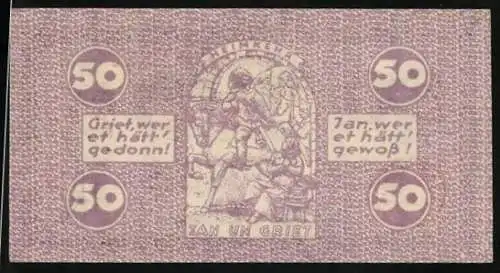 Notgeld Köln 1921, 50 Pfennig, Denkmal J. v. Werth, Jan un Griet