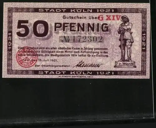 Notgeld Köln 1921, 50 Pfennig, Denkmal J. v. Werth, Jan un Griet