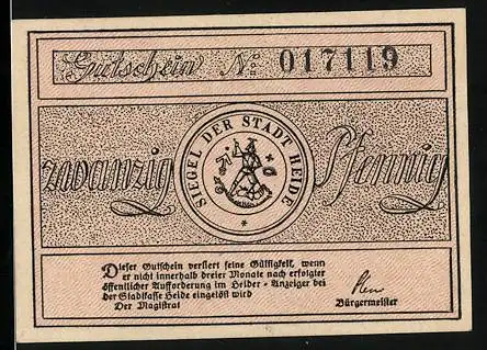 Notgeld Heide, 20 Pfennig, Siegel der Stadt und Ehrenbürger Klaus Groth