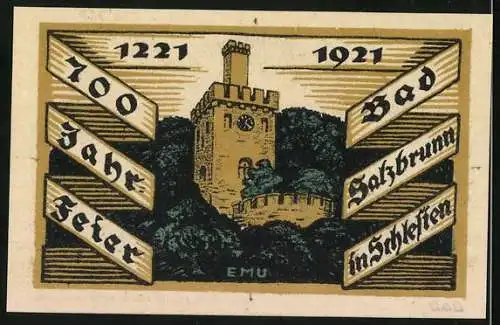 Notgeld Bad Salzbrunn in Schlesien 1921, 50 Pfennig, 700 Jahrfeier mit Burg