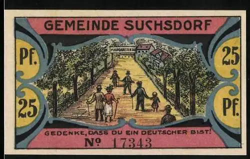 Notgeld Suchsdorf 1921, 25 Pfennig, Wappen & Deutscher Aar, Bürger auf dem Weg nach Margaretental