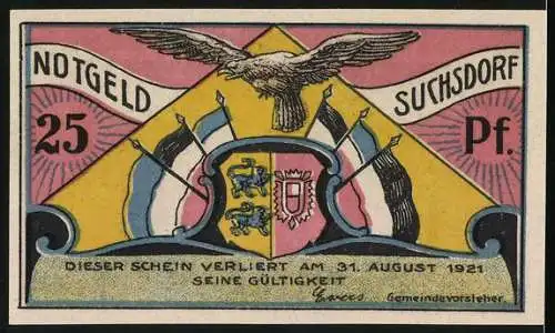 Notgeld Suchsdorf 1921, 25 Pfennig, Wappen & Deutscher Aar, Bürger auf dem Weg nach Margaretental