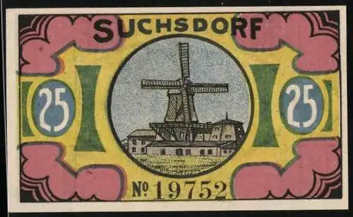 Notgeld Suchsdorf 1921, 25 Pfennig, Wahlstatt unserer Vorfahren bei Levensau, Windmühle