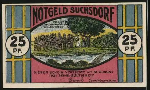 Notgeld Suchsdorf 1921, 25 Pfennig, Wahlstatt unserer Vorfahren bei Levensau, Windmühle