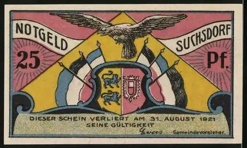 Notgeld Suchsdorf 1921, 25 Pfennig, Wappen & Deutscher Aar, Bürger auf dem Weg nach Margaretental