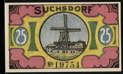 Notgeld Suchsdorf 1921, 25 Pfennig, Wahlstatt unserer Vorfahren bei Levensau, Windmühle