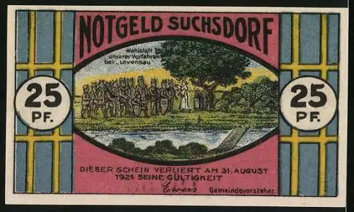 Notgeld Suchsdorf 1921, 25 Pfennig, Wahlstatt unserer Vorfahren bei Levensau, Windmühle