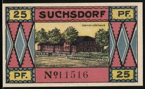 Notgeld Suchsdorf 1921, 25 Pfennig, Gemeindehaus, Windmühle, im Netz gefangener Däne