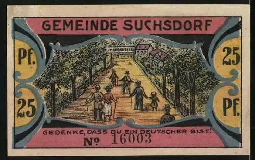 Notgeld Suchsdorf 1921, 25 Pfennig, Wappen & Deutscher Aar, Bürger auf dem Weg nach Margaretental