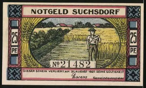 Notgeld Suchsdorf 1921, 25 Pfennig, Wir wollen keine Dänen sein, wollen Deutsche bleiben, Bauer mit Sense