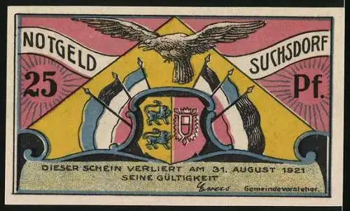 Notgeld Suchsdorf 1921, 25 Pfennig, Wappen & Deutscher Aar, Bürger auf dem Weg nach Margaretental