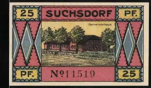 Notgeld Suchsdorf 1921, 25 Pfennig, Gemeindehaus, Windmühle, im Netz gefangener Däne