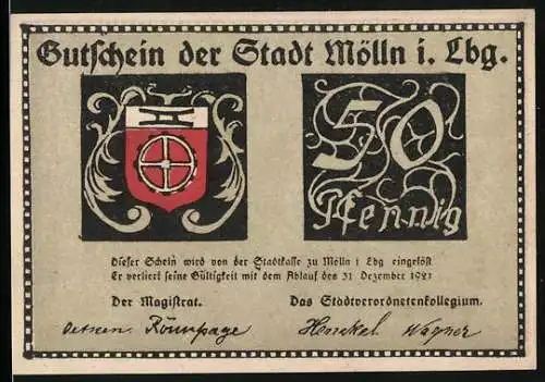 Notgeld Mölln i. Lbg. 1921, 50 Pfennig, Wappen und Till Eulenspiegel