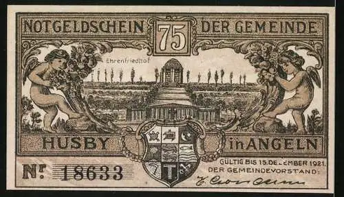 Notgeld Husby in Angeln 1921, 75 Pfennig, Passrevision am Zuge, Ehrenfriedhof