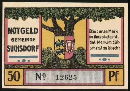 Notgeld Suchsdorf 1921, 50 Pfennig, Dänen rücken beim Annähern der Preussen über die Eiderbrücke, Wappen an einer Eiche