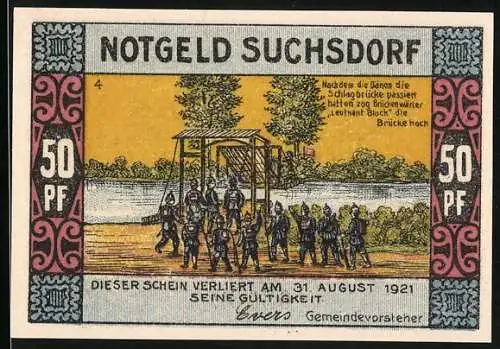 Notgeld Suchsdorf 1921, 50 Pfennig, Nachdem die Dänen die Schlagbrücke passiert hatten, wurde sie hochgezogen, Dorfteich