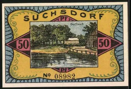 Notgeld Suchsdorf 1921, 50 Pfennig, Nachdem die Dänen die Schlagbrücke passiert hatten, wurde sie hochgezogen, Dorfteich