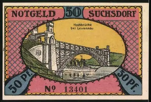 Notgeld Suchsdorf 1921, 50 Pfennig, Dänen rücken über die Schlagbrücke am Eiderkanal b. Annähern d. Preussen, Hochbrücke